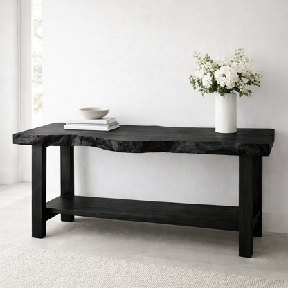Solid Wood Console Table with Live Edge Top – Rustic Entryway & Sofa Table with Shelf