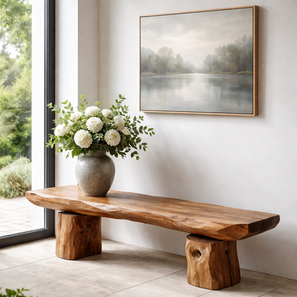 Solid Wood Bench with Live Edge Top – Rustic Entryway & Minimalist Seating Bench