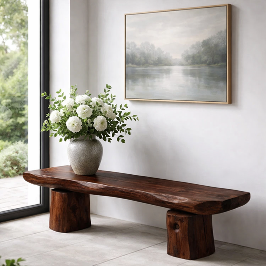 Solid Wood Bench with Live Edge Top – Rustic Entryway & Minimalist Seating Bench
