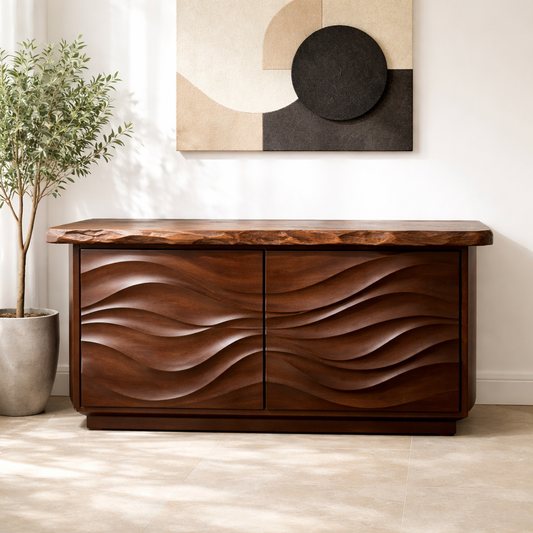 Solid Wood Console Table with Carved Wave Doors – Modern Sculptural Entryway Cabinet