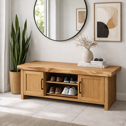 Solid Wood Entryway Bench with Cabinet & Open Shoe Storage – Rustic Modern Bench