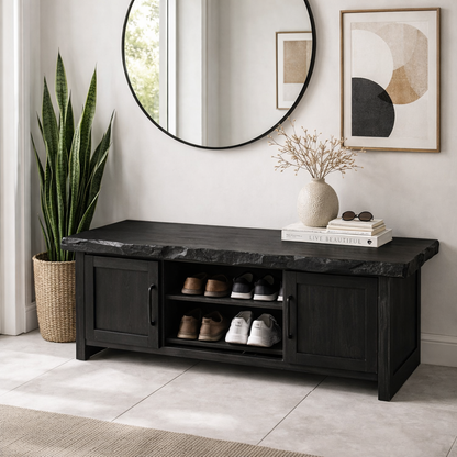 Solid Wood Entryway Bench with Cabinet & Open Shoe Storage – Rustic Modern Bench