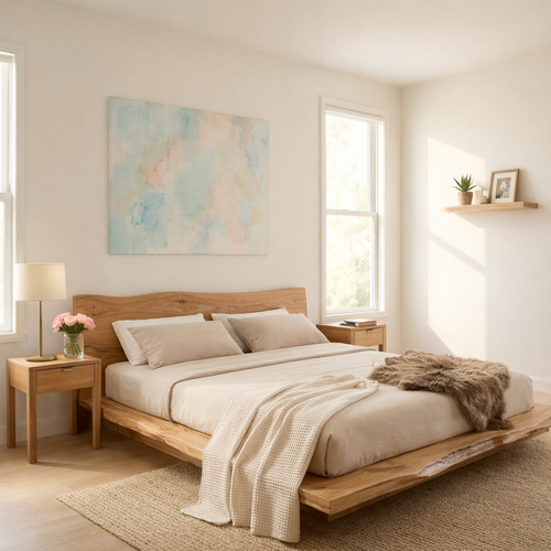 Handcrafted Live Edge Solid Wood Platform Bed, Rustic Modern Bed with Natural Headboard