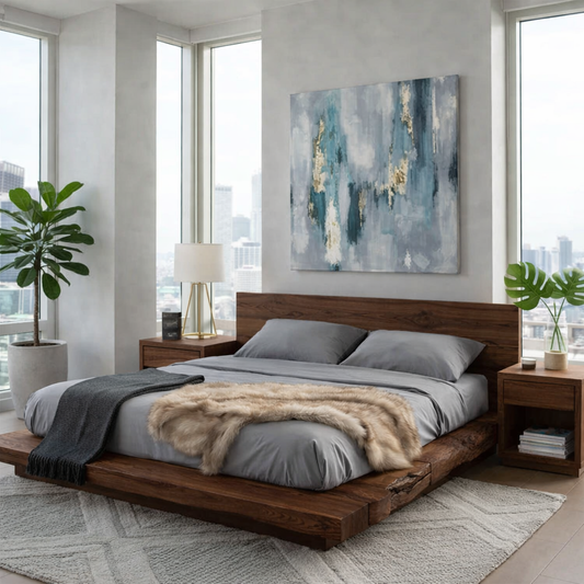Handcrafted Live Edge Solid Wood Low Platform Bed with Minimalist Headboard