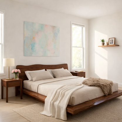 Handcrafted Live Edge Solid Wood Platform Bed, Rustic Modern Bed with Natural Headboard