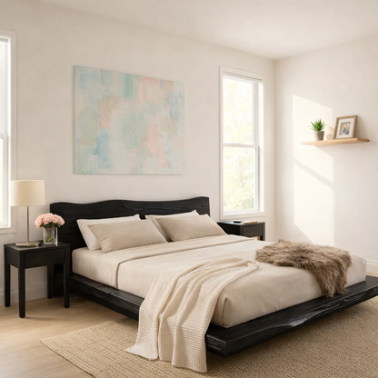 Handcrafted Live Edge Solid Wood Platform Bed, Rustic Modern Bed with Natural Headboard