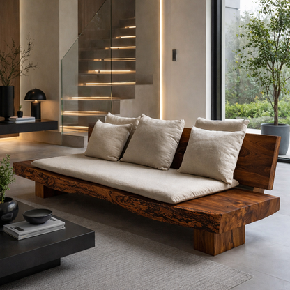 Live Edge Solid Wood Daybed, Rustic Organic Modern Sofa with Backrest