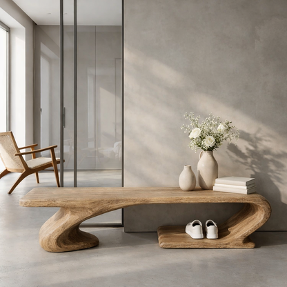 Solid Wood Sculptural Entryway Bench, Organic Wavy Minimalist Hallway Seat