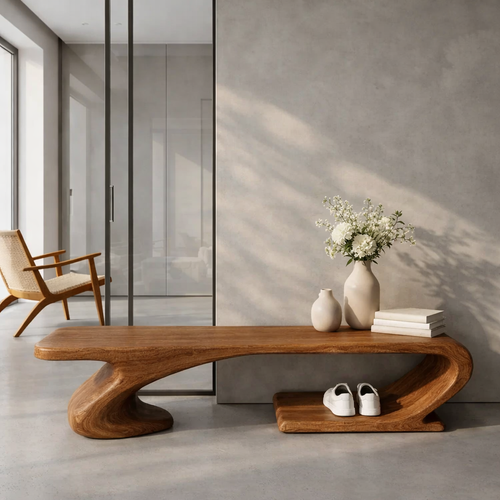 Solid Wood Sculptural Entryway Bench, Organic Wavy Minimalist Hallway Seat