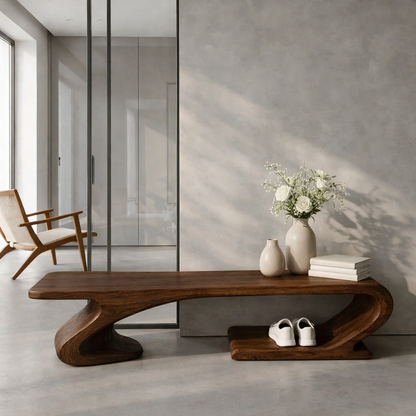 Solid Wood Sculptural Entryway Bench, Organic Wavy Minimalist Hallway Seat