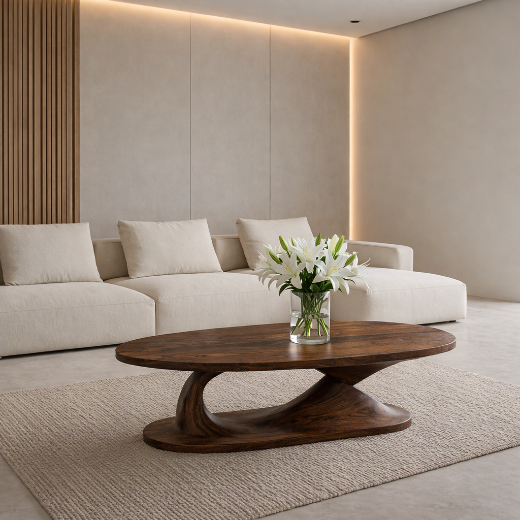 Handcrafted Sculptural Solid Wood Coffee Table, Unique Organic Minimalist Center Table