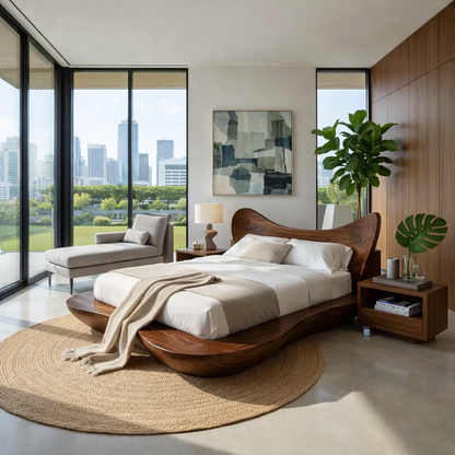 Handcrafted Solid Wood Sculptural Platform Bed, Organic Wavy Design Bed Frame