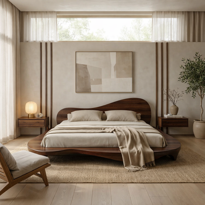 Handcrafted Solid Wood Sculptural Platform Bed, Organic Wavy Japandi Bed Frame