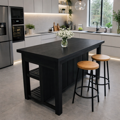 Solid Wood Kitchen Island Table with Storage Shelf – Rustic Modern Dining Island, Large Wooden Prep Table for Kitchen