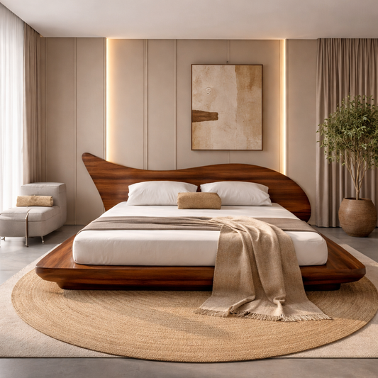 Solid Wood Platform Bed with Organic Curved Headboard – Modern Walnut Bed Frame, Luxury Minimalist Bedroom Furniture