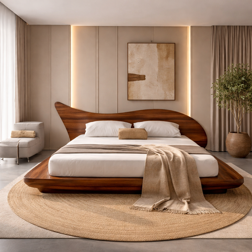 Solid Wood Platform Bed with Organic Curved Headboard – Modern Walnut Bed Frame, Luxury Minimalist Bedroom Furniture
