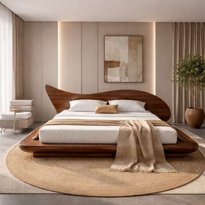 Solid Wood Platform Bed with Organic Curved Headboard – Modern Walnut Bed Frame, Luxury Minimalist Bedroom Furniture