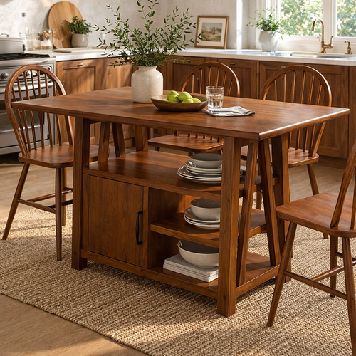 Solid Wood Dining Table with Storage Shelf – Rustic Walnut Kitchen Island Table, Wooden Dining Table with Cabinet