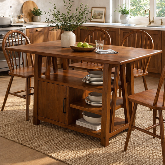 Solid Wood Dining Table with Storage Shelf – Rustic Walnut Kitchen Island Table, Wooden Dining Table with Cabinet