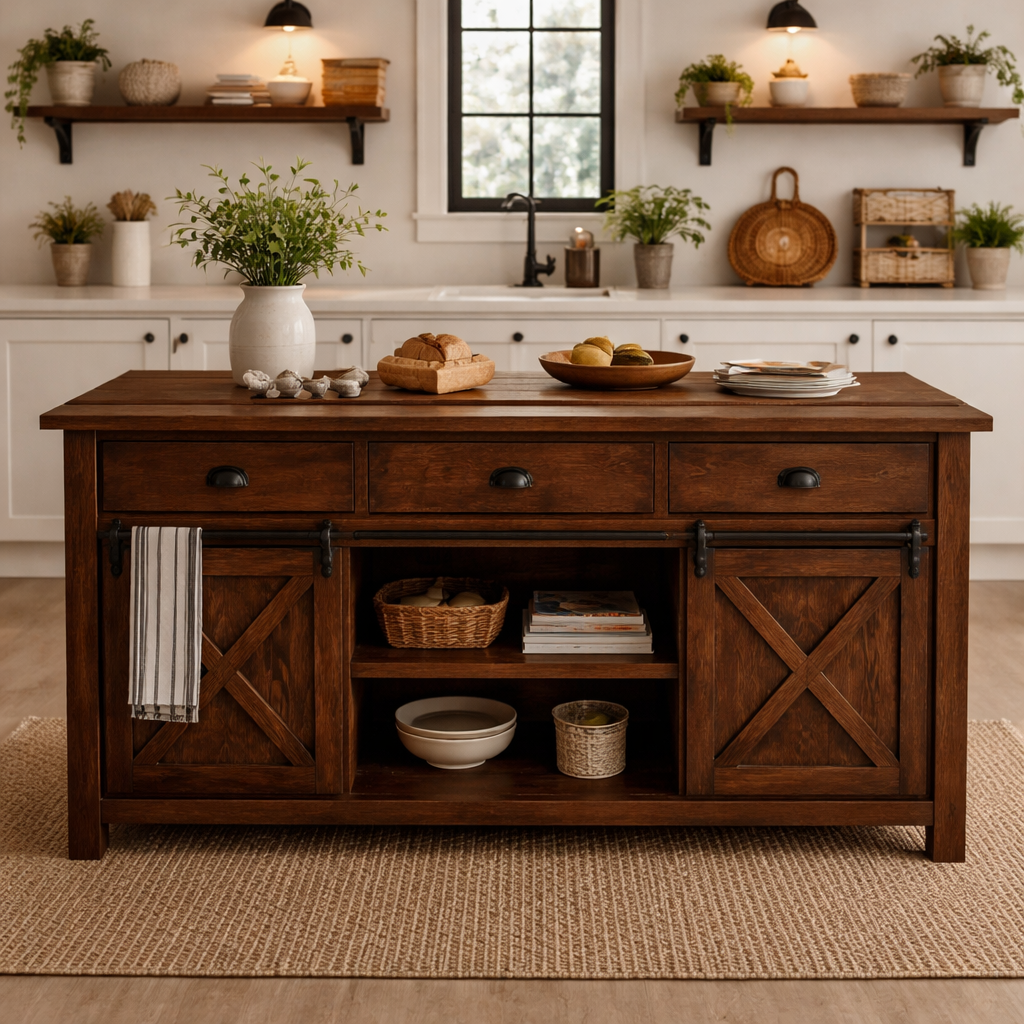 Solid Wood Kitchen Island with Sliding Barn Doors – Rustic Farmhouse Kitchen Table, Wooden Prep Island with Storage