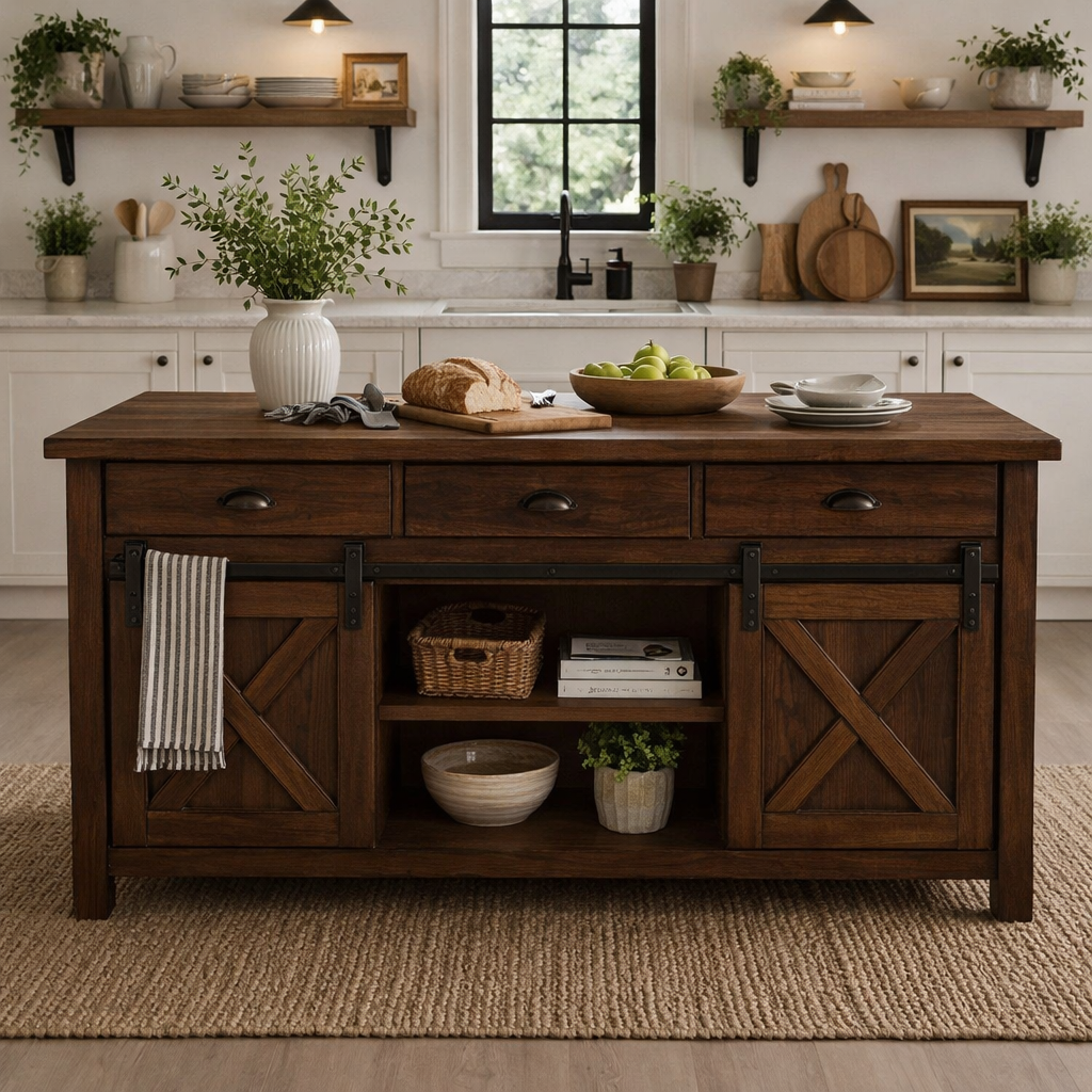 Solid Wood Kitchen Island with Sliding Barn Doors – Rustic Farmhouse Kitchen Table, Wooden Prep Island with Storage