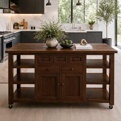 Solid Wood Kitchen Island with Storage & Shelves – Rustic Oak Kitchen Cart, Rolling Prep Table with Drawers & Cabinet