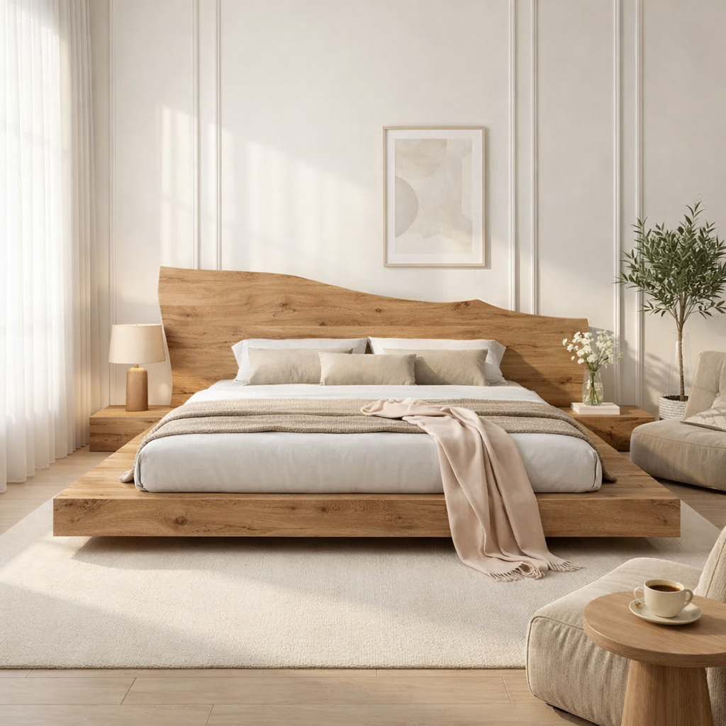 Solid Wood Platform Bed with Live Edge Headboard – Rustic Natural Wood Bed Frame, Modern Minimalist Bedroom Furniture