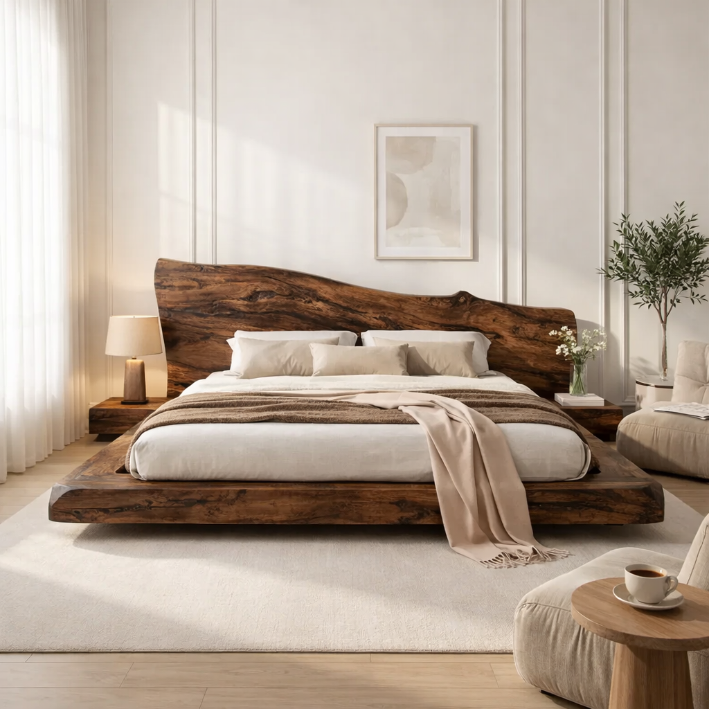 Solid Wood Platform Bed with Live Edge Headboard – Rustic Natural Wood Bed Frame, Modern Minimalist Bedroom Furniture