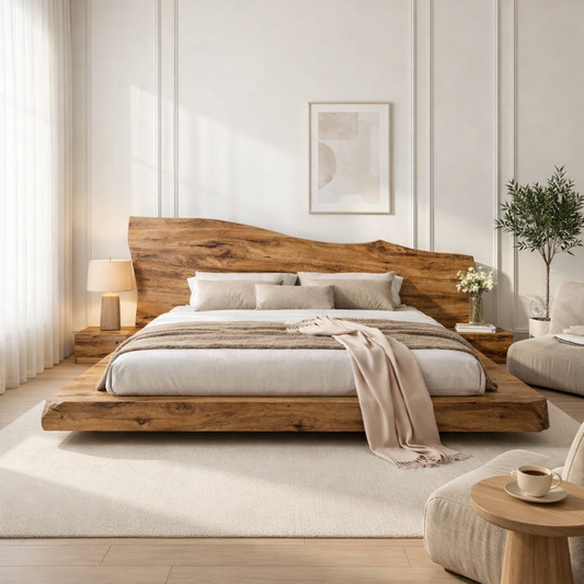 Solid Wood Platform Bed with Live Edge Headboard – Rustic Natural Wood Bed Frame, Modern Minimalist Bedroom Furniture