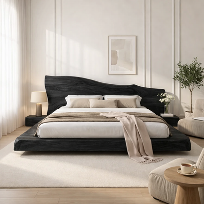 Solid Wood Platform Bed with Live Edge Headboard – Rustic Natural Wood Bed Frame, Modern Minimalist Bedroom Furniture