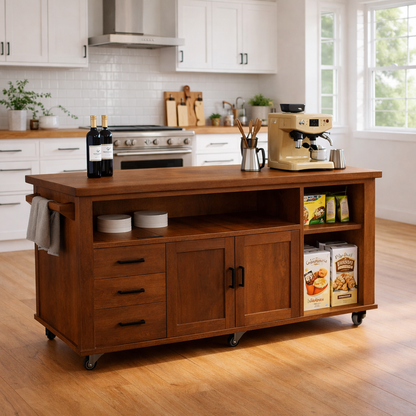 Solid Wood Kitchen Island with Storage & Shelves – Rolling Kitchen Cart with Drawers, Cabinets & Open Storage