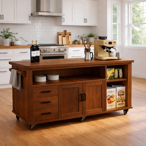Solid Wood Kitchen Island with Storage & Shelves – Rolling Kitchen Cart with Drawers, Cabinets & Open Storage
