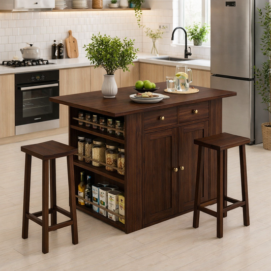 Solid Wood Kitchen Island with Spice Rack & Storage – Kitchen Table with Cabinets, Compact Dining Island