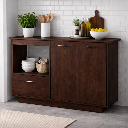 Solid Wood Kitchen Sideboard Cabinet – Walnut Storage Buffet with Drawer & Open Shelf
