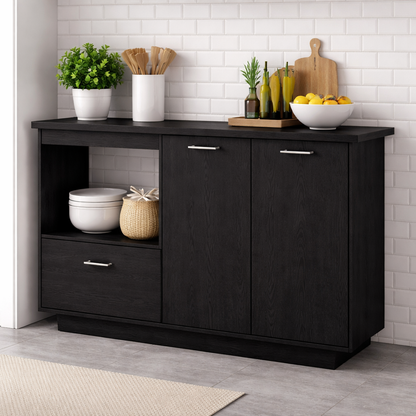 Solid Wood Kitchen Sideboard Cabinet – Walnut Storage Buffet with Drawer & Open Shelf