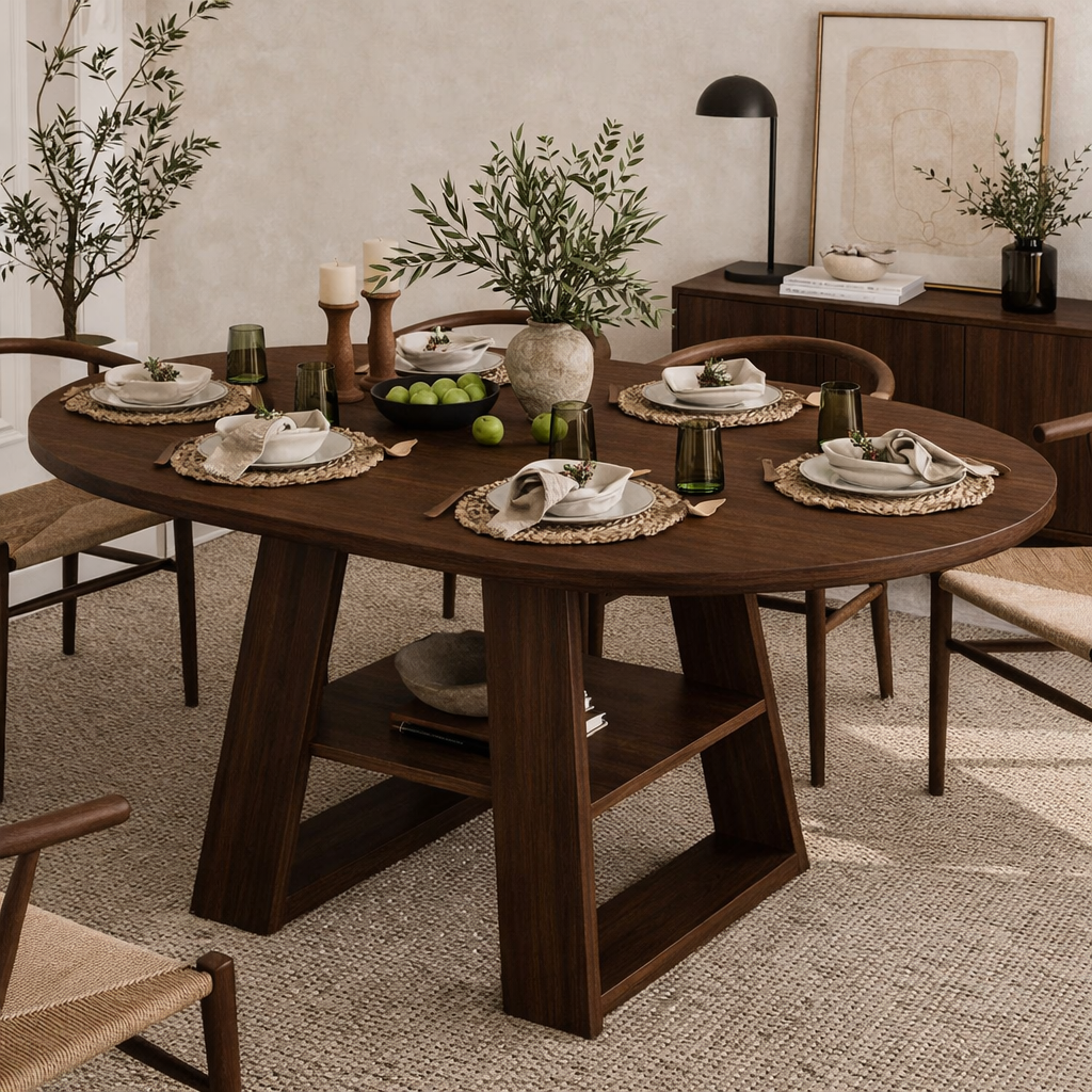 Solid Wood Dining Table – Walnut Pedestal Table with Open Shelf Base
