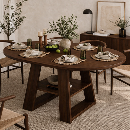 Solid Wood Dining Table – Walnut Pedestal Table with Open Shelf Base