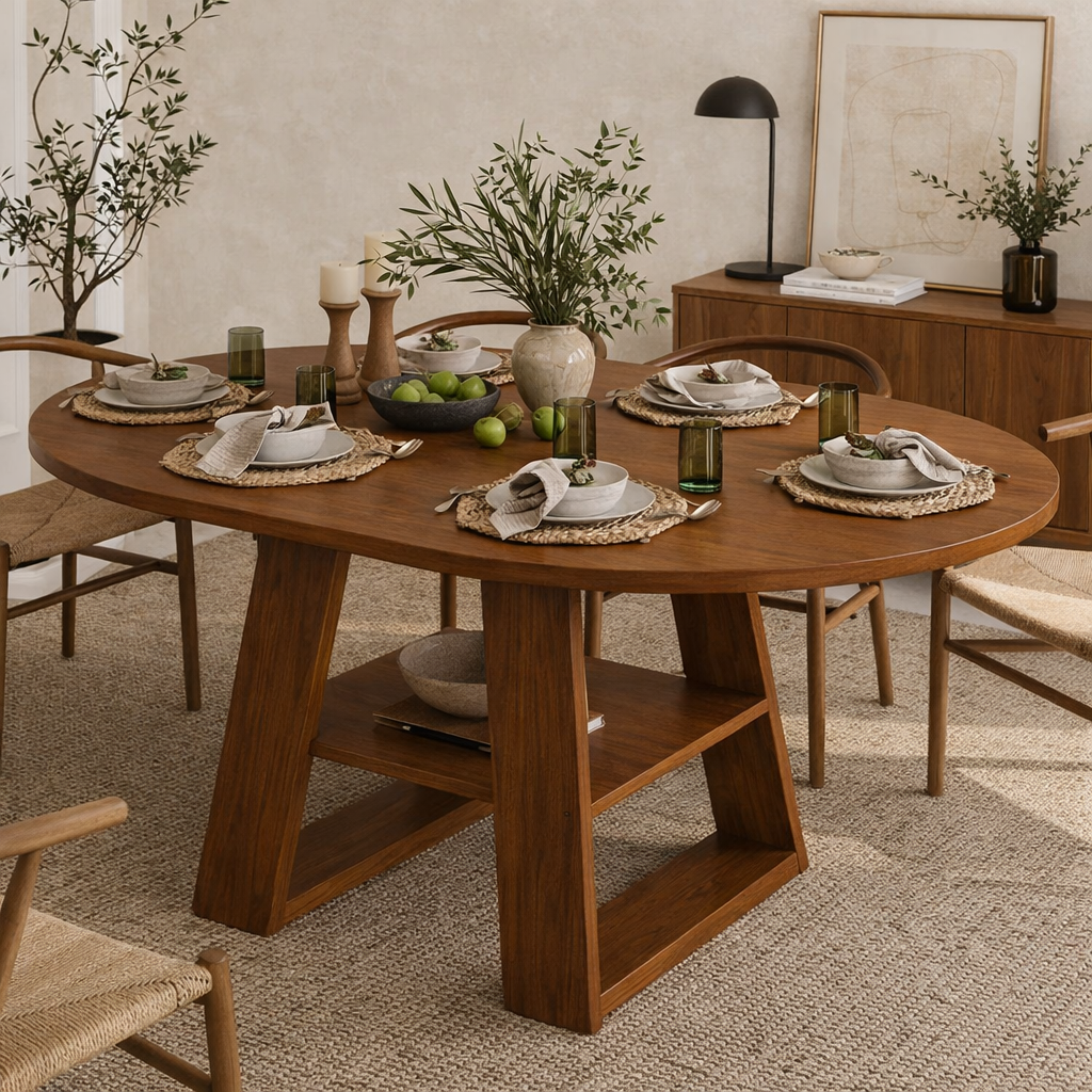 Solid Wood Dining Table – Walnut Pedestal Table with Open Shelf Base