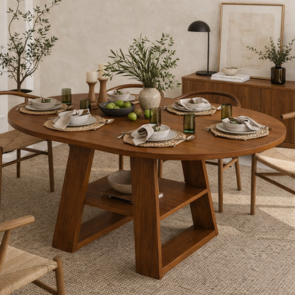 Solid Wood Dining Table – Walnut Pedestal Table with Open Shelf Base