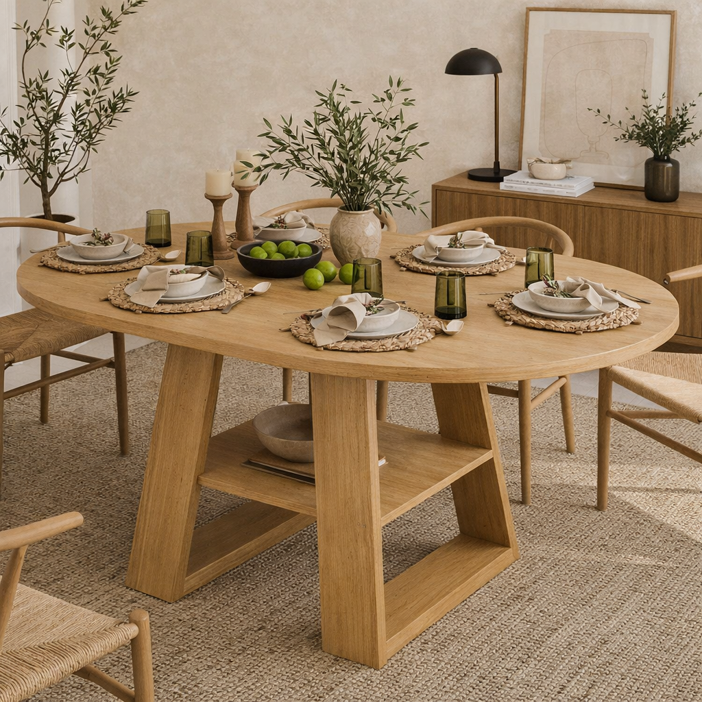 Solid Wood Dining Table – Walnut Pedestal Table with Open Shelf Base