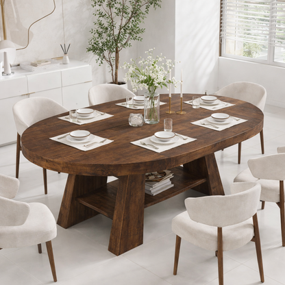 Oval Live Edge Solid Wood Dining Table – Dark Walnut Pedestal Table with Storage Shelf