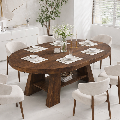 Oval Live Edge Solid Wood Dining Table – Dark Walnut Pedestal Table with Storage Shelf