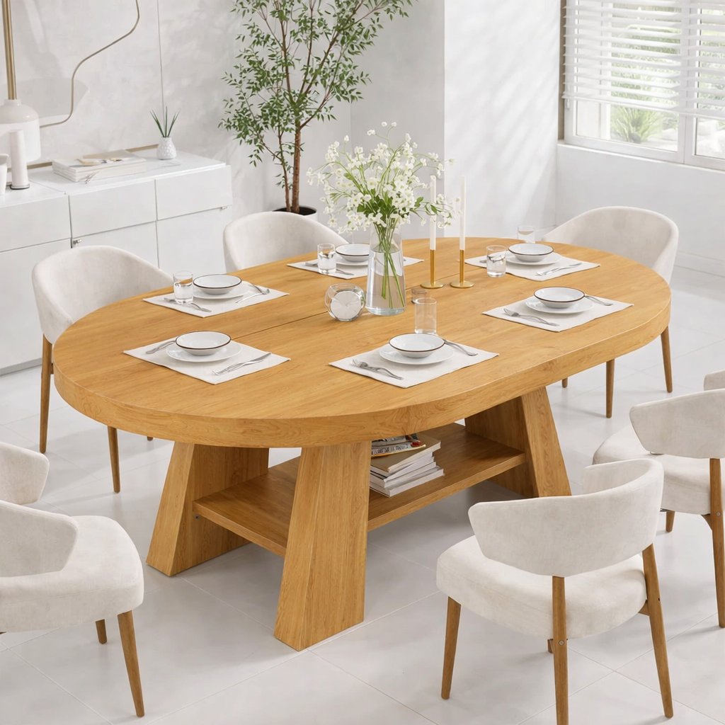 Oval Live Edge Solid Wood Dining Table – Dark Walnut Pedestal Table with Storage Shelf