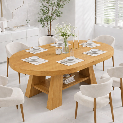 Oval Live Edge Solid Wood Dining Table – Dark Walnut Pedestal Table with Storage Shelf