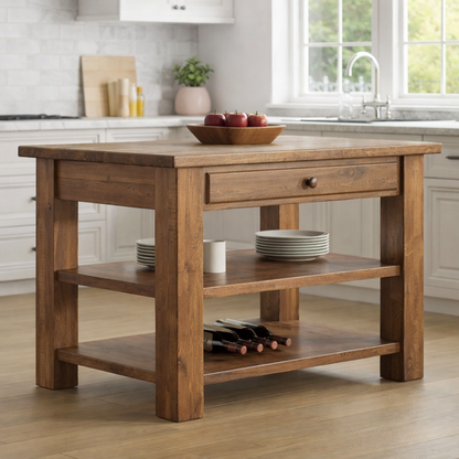 Solid Wood Kitchen Island Table with Storage – Walnut Prep Table with Drawer & Open Shelves