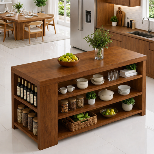 Solid Wood Kitchen Island with Open Shelves – Storage Prep Table