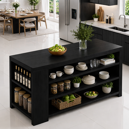 Solid Wood Kitchen Island with Open Shelves – Storage Prep Table