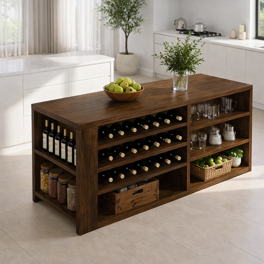 Solid Wood Kitchen Island with Wine Rack & Storage Shelves