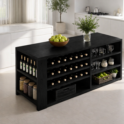 Solid Wood Kitchen Island with Wine Rack & Storage Shelves