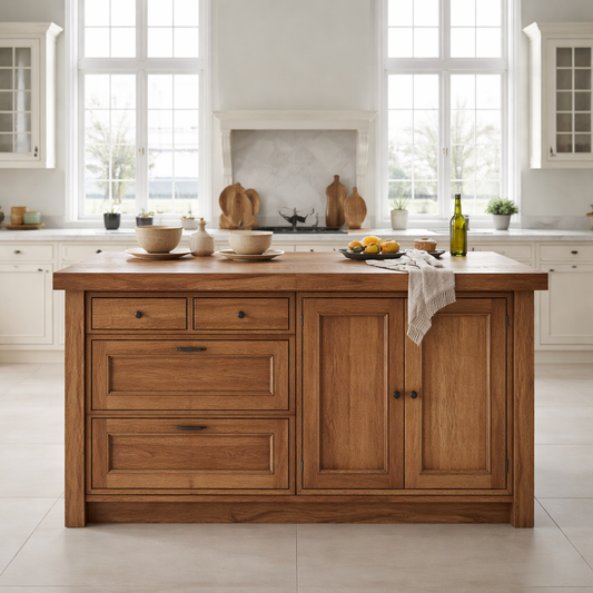 Solid Wood Kitchen Island with Drawers & Cabinet – Farmhouse Kitchen Storage Table